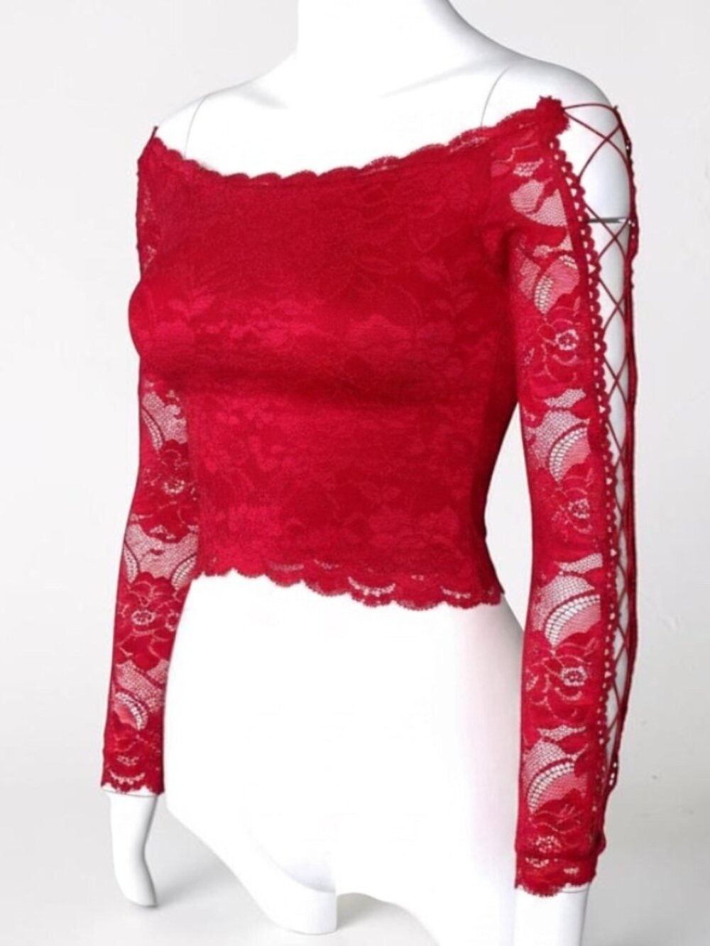 NWT Guess off shoulder lace up sleeves Cherry Punch lace Crop Top S